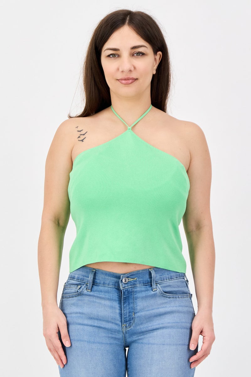 MONKI Women Halter Neck Sleeveless Solid Tank Top, Green - Image 1